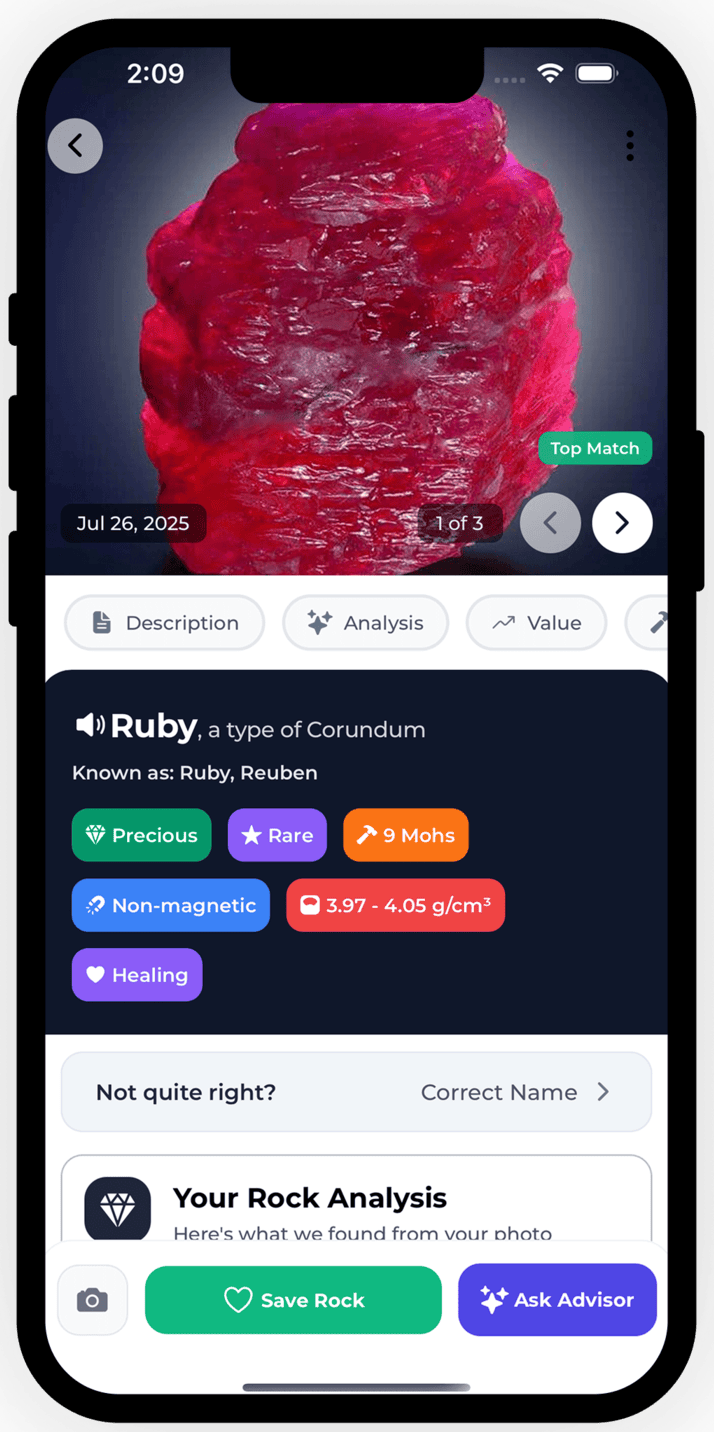 Rock identification results showing detailed analysis